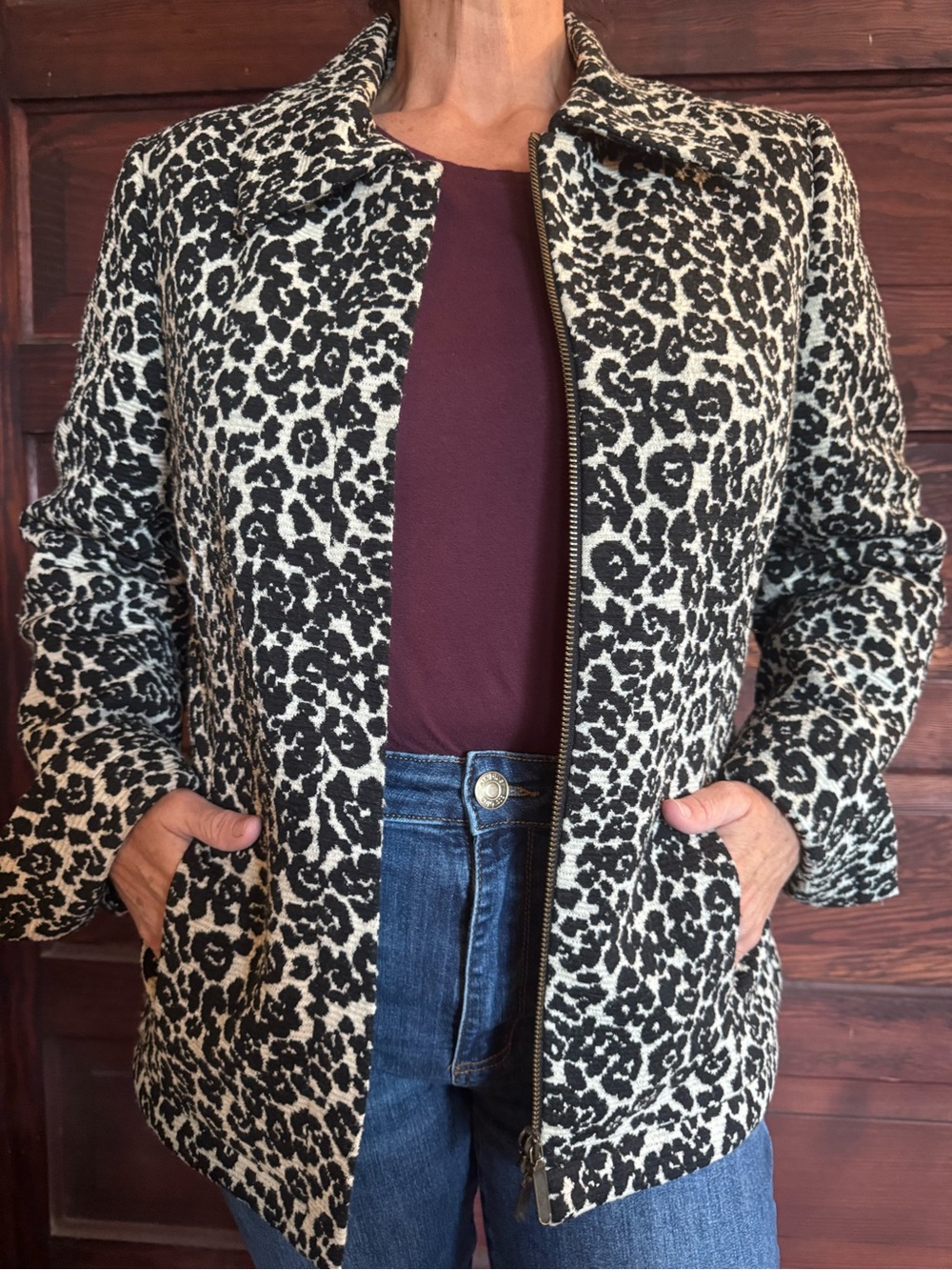 Dana Buchman Black & Cream Leopard Zip-Front Jacket